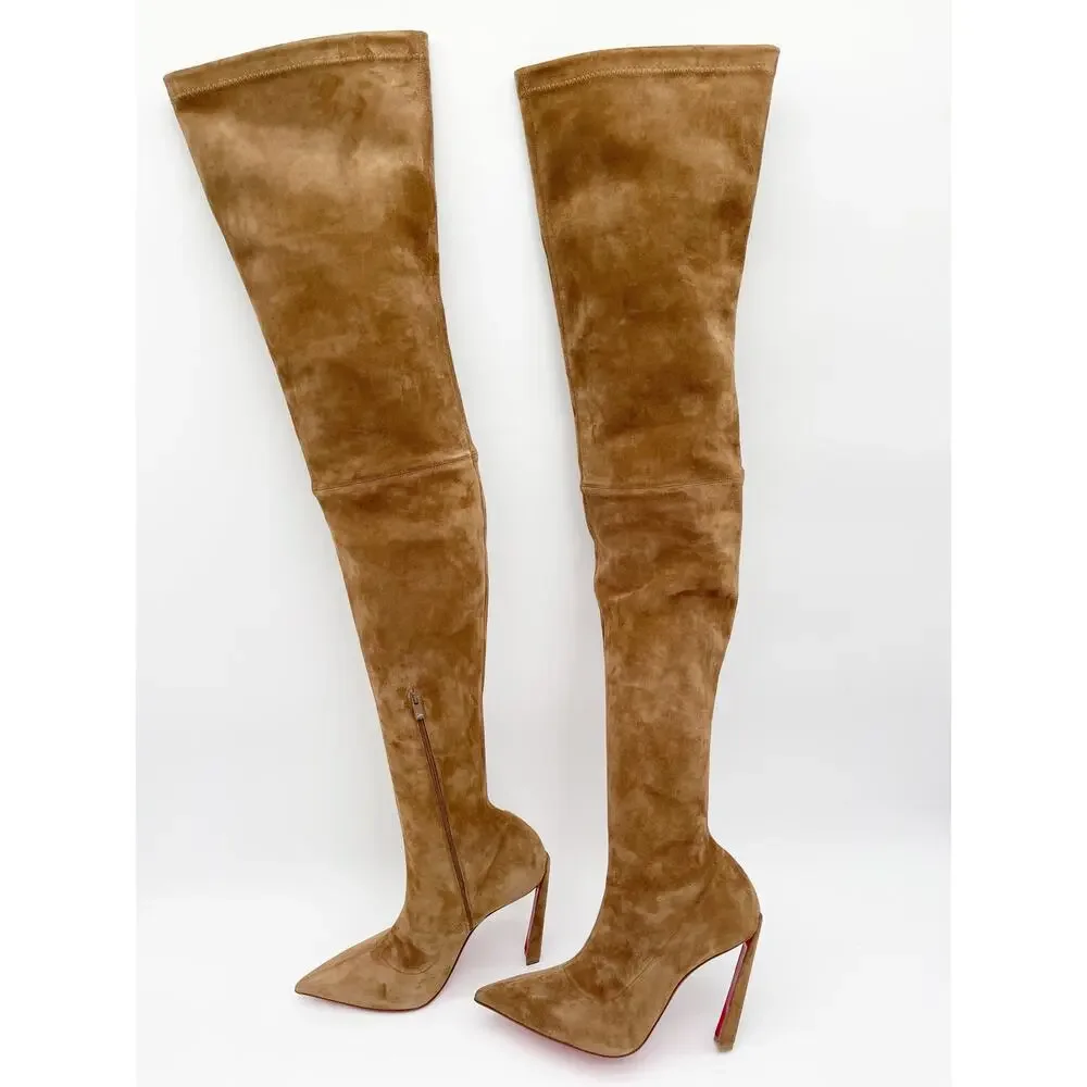 Christian Louboutin Condora Botta Alta Camel Tan Suede Thigh High Boots EU 37